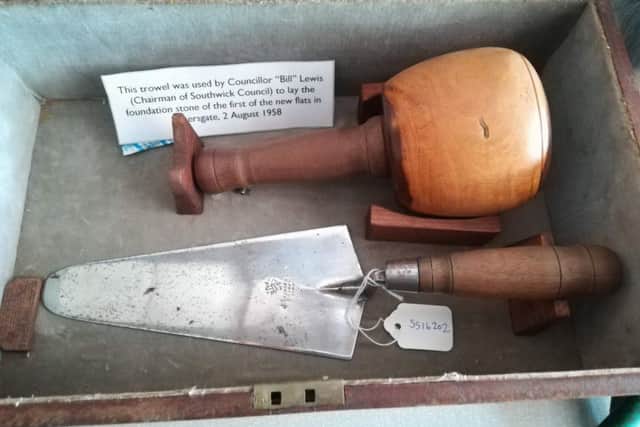 The ceremonial trowel and mallet used to lay the foundation stone at the council flats in Fishersgate