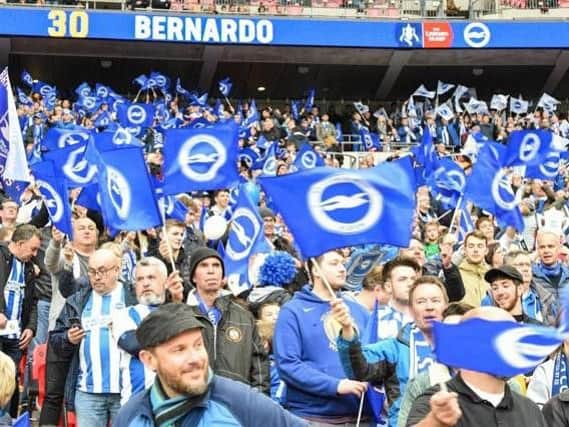 Brighton fans pictured at Wembley for their FA Cup semi-final with Manchester City. Picture by PW Sporting Photography