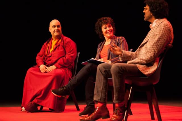 Ruby Wax with Gelong Thubten and neuroscientist Ash Ranpura. Photo by Jen O'Brien SUS-190522-125003001