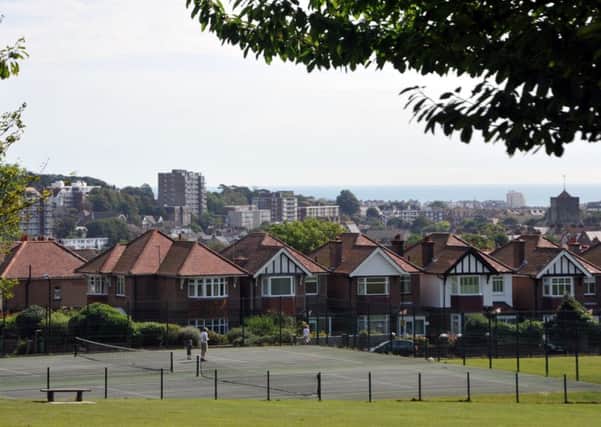 View across Old Town Eastbourne to sea from Old Town Rec. August 21st 2012 E34030N ENGSUS00120120821171602