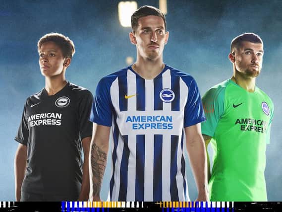 From left to right, Albion's new away kit, home shirt and goalkeeper shirt.