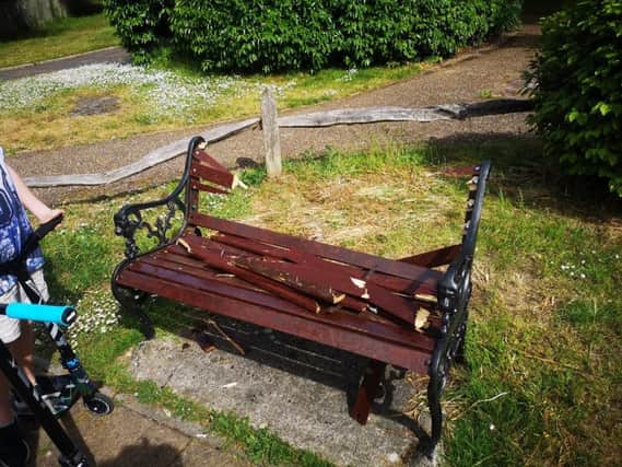 The damaged memorial bench at Aldwick's duck pond