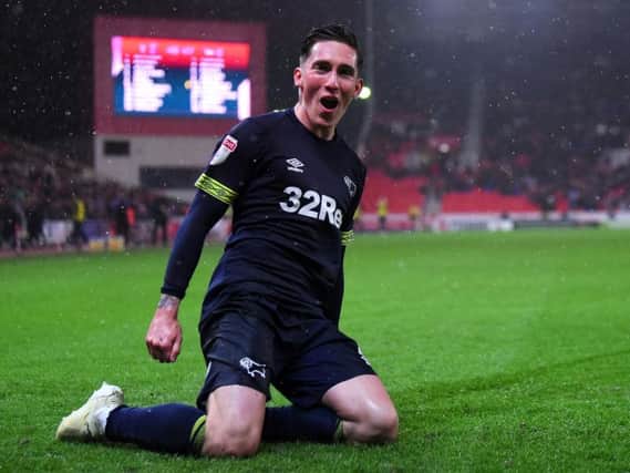 Harry Wilson celebrates scoring for Derby last season. Picture by Getty Images