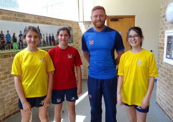 England cricket star Jonny Bairstow with pupils at Vinehall School