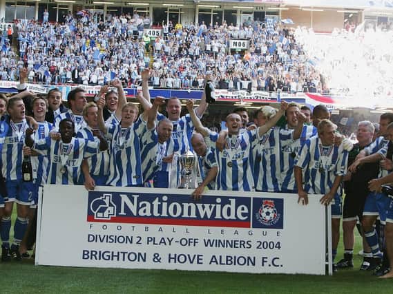 Brighton players celebrate beating Bristol City in the Division 2 play-off final. Picture by Getty Images
