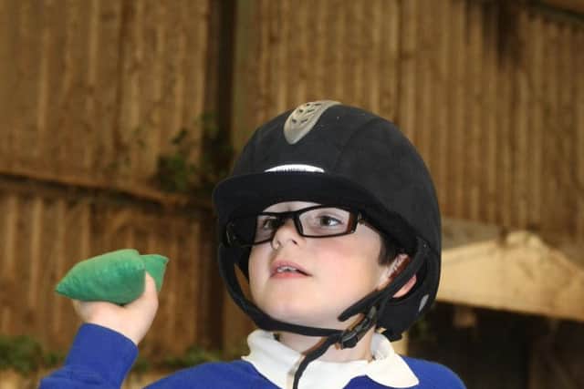 Kingley Vale Riding school for the disabled awarded money. Zak aged 8 enjoys a game while riding. Photo by Derek Martin Photography.