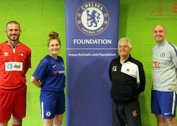 Representatives of Bexhill College and Eastbourne Borough Football Club launch their new partnership
