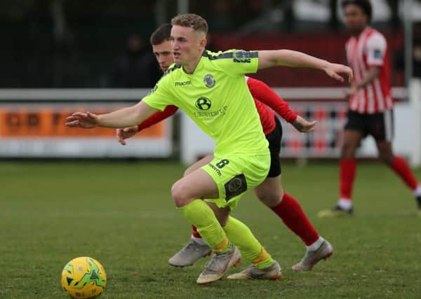 Adam Lovatt in action for Hastings United against Greenwich Borough on the final day of the 2018/19 regular season. Picture courtesy Scott White