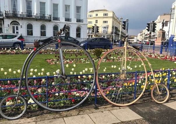 Lynda Foster snapped this sweet shot at Eastbourne seafront's Carpet Gardens with an iPhone - two penny farthings against the fence. SUS-190515-154638001