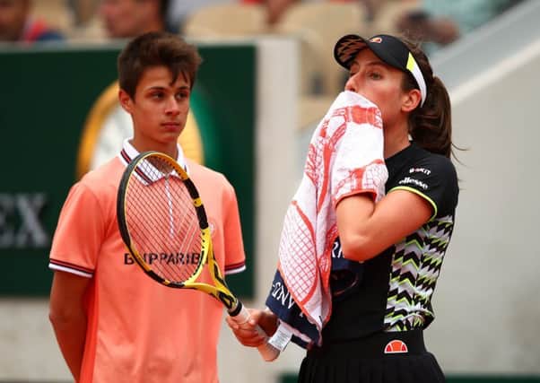 PARIS, FRANCE - JUNE 07: Johanna Konta of Great Britain reacts during her ladies singles semi-final match against Marketa Vondrousova of The Czech Republic during Day thirteen of the 2019 French Open at Roland Garros on June 07, 2019 in Paris, France. (Photo by Clive Brunskill/Getty Images) SUS-190706-111011002