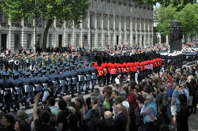 Veterans and serving military march down Whitehall past The Cenotaph during the VE Day Anniversary parade on May 10, 2015 in London  (Photo by Stuart C. Wilson/Getty Images)
