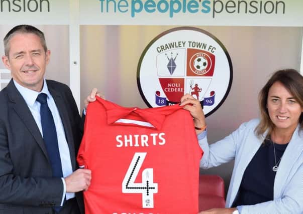 The Peoples Pension chief executive officer Patrick Heath-Lay and Crawley Town operations director Kelly Derham