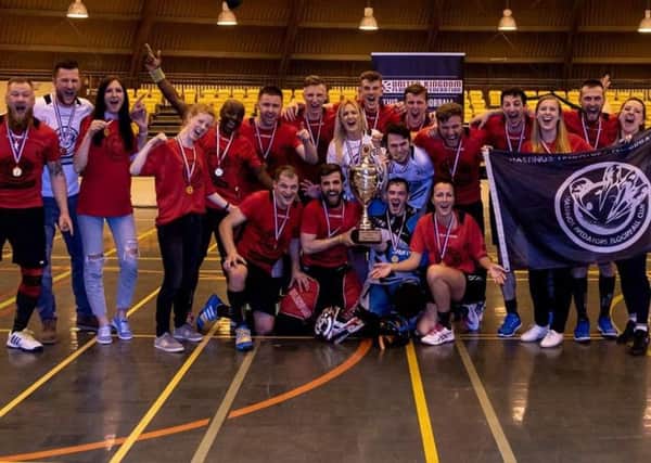 Hastings Predators celebrate their victory at the UK Floorball Federation National Finals. Picture courtesy Derek Young Photography
