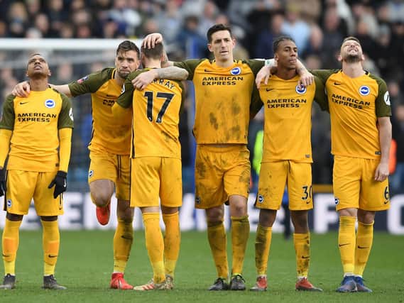 LONDON, ENGLAND - MARCH 17: Jose Izquierdo, Shane Duffy, Glenn Murray, Lewis Dunk, Bernardo and Dale Stephens of Brighton & Hove Albion can barely look during the penalty shoot out during the FA Cup Quarter Final match between Millwall and Brighton and Hove Albion at The Den on March 17, 2019 in London, England. (Photo by Mike Hewitt/Getty Images)