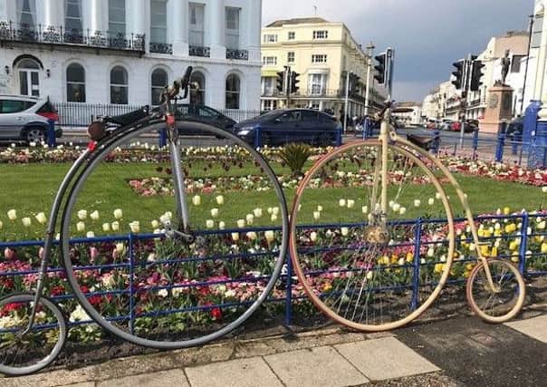 Lynda Foster snapped this sweet shot at Eastbourne seafront's Carpet Gardens with an iPhone - two penny farthings against the fence. SUS-190515-154638001