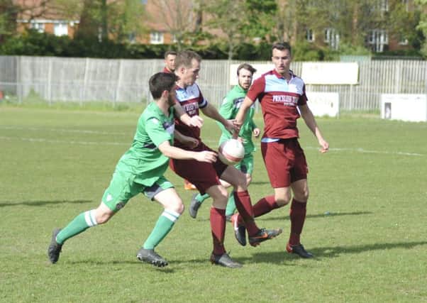 Action from Little Common's final game of the 2018/19 season, a 1-0 win at home to Crawley Down Gatwick. Picture by Simon Newstead