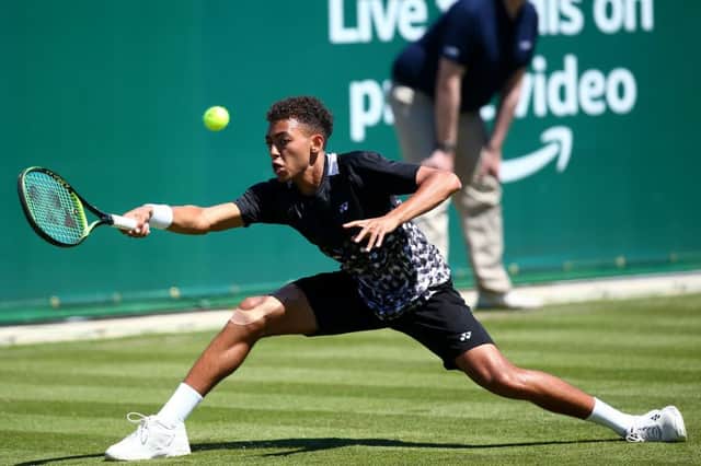 EASTBOURNE, ENGLAND - JUNE 22: Paul Jubb of Great Britain in action during his mens singles qualification match against Denis Istomin of Uzbekistan during qualifying for the Nature Valley International at Devonshire Park on June 22, 2019 in Eastbourne, United Kingdom. (Photo by Charlie Crowhurst/Getty Images for LTA) *** Local Caption *** Paul Jubb SUS-190622-195822002