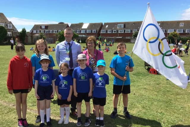 Worthing mayor Hazel Thorpe with deputy head Mike Lewis and sports leaders from Durrington Infant & Junior Federated Schools