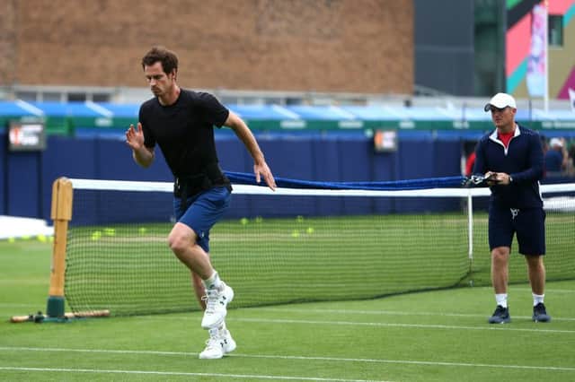 EASTBOURNE, ENGLAND - JUNE 24: Andy Murray of Great Britain in action during a practice session during day one of the Nature Valley International at Devonshire Park on June 24, 2019 in Eastbourne, United Kingdom. (Photo by Charlie Crowhurst/Getty Images for LTA) SUS-190624-193619002