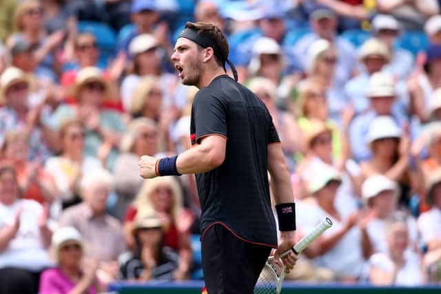 EASTBOURNE, ENGLAND - JUNE 25: Cameron Norrie of Great Britain in action during his mens singles match against Jeremy Chardy of France during day two of the Nature Valley International at Devonshire Park on June 25, 2019 in Eastbourne, United Kingdom. (Photo by Charlie Crowhurst/Getty Images for LTA) SUS-190626-113015002