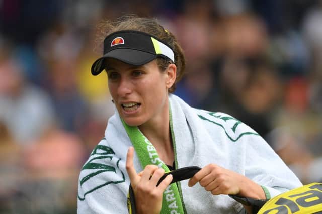 EASTBOURNE, ENGLAND - JUNE 26: Johanna Konta of Great Britain leaves the court her defeat to Ons Jabeur of Tunisia during day 3 of the Nature Valley International at Devonshire Park on June 26, 2019 in Eastbourne, United Kingdom. (Photo by Mike Hewitt/Getty Images) SUS-190626-142043002