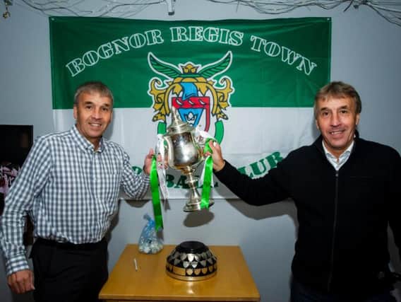 Bognor's famous Pullen brothers with the Sussex Senior Cup at the sponsors' draw, where the winners allowed the club to auction the prize of shirt sponsor / Picture by Tommy McMillan