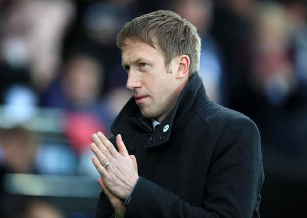 SWANSEA, WALES - MARCH 16: Graham Potter, Head Coach of Swansea City, looks on prior to the FA Cup Quarter Final match between Swansea City and Manchester City at Liberty Stadium on March 16, 2019 in Swansea, United Kingdom. (Photo by Marc Atkins/Getty Images) SUS-190107-173043002