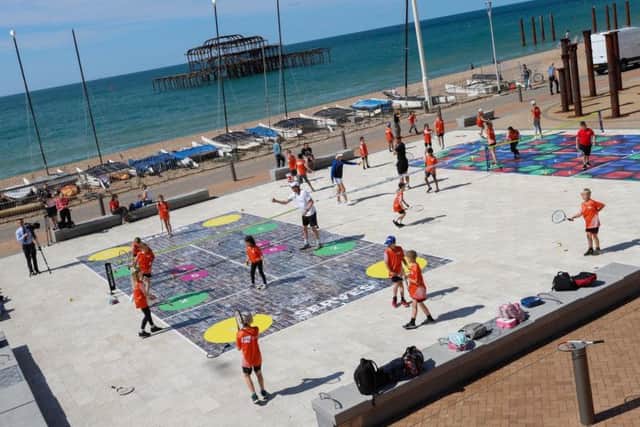 School children from Balfour and Hertford Primary take part in the the LTA Tennis for Kids session in Brighton seafront  (Credit: Stuart Butcher)