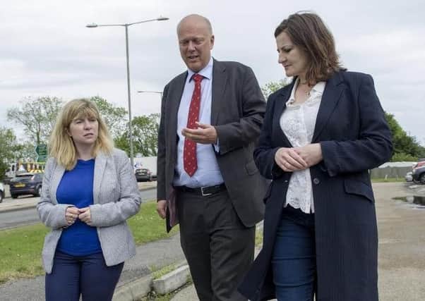 Transport secretary Chris Grayling with Maria Caulfield MP and former MP Caroline Ansell