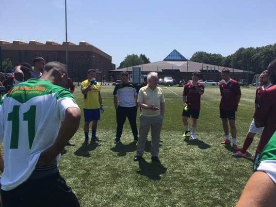 Bognor Regis Town boss Jack Pearce addresses his players at the Rocks trials day on Saturday. Picture by Tommy McMillan