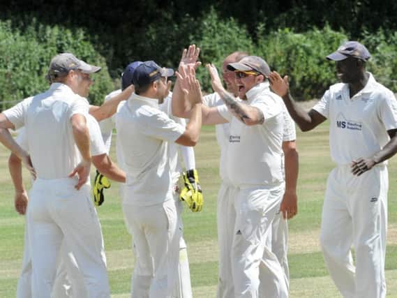 Broadwater celebrate a wicket against near neighbours Findon on Saturday. All pictures by Stephen Goodger