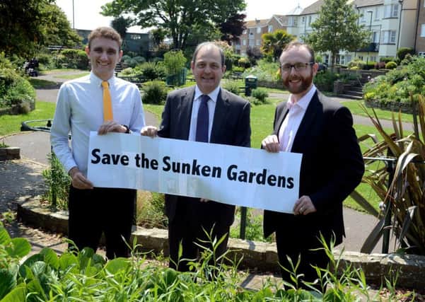 Francis Oppler, centre and Matt Stanley, right, and Martin Smith left, launching a campaign to save the sunken gardens last year.