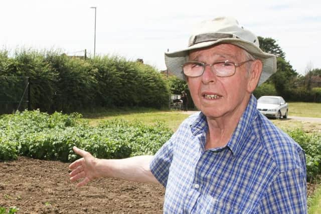 Bill Mason pointing at his missing crops at the allotments in Worthing Road, Littlehampton