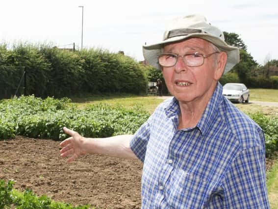 Bill Mason pointing at his missing crops at the allotments in Worthing Road, Littlehampton