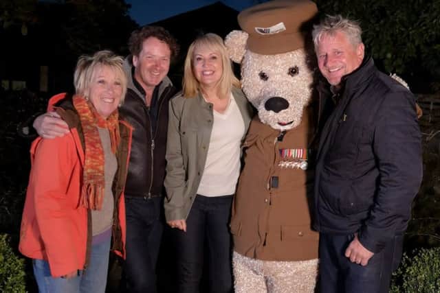 The Great Gardening Challenge presenters Carol Klein, Diarmuid Gavin, Nicki Chapman and Mark Gregory with Gifford Bear, Care for Veterans' mascot