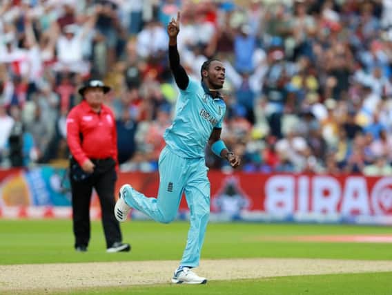 Jofra Archercelebrates taking the wicket of Glenn Maxwellduring the Semi-Final match of the ICC Cricket World Cup 2019 between Australia and England at Edgbaston. (Photo by David Rogers/Getty Images)
