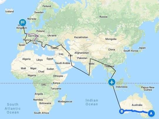 This is his estimated route: starting in Sydney, making his way through Asia, over to Iran and Turkey, then either through southern or northern Europe. He will then see friends in Sussex, before heading up to John O'Groats.