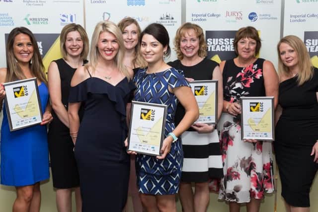 Horsham district winners with Amy Gudgeon from 3D Recruit at Sussex Teacher of the Year Awards. Johnston Press (Sussex Newspapers) are welcome to use any images within their newspaper group. Copyright Simon Dolby sdolby@InspireSchools.org.uk SUS-190723-095206001