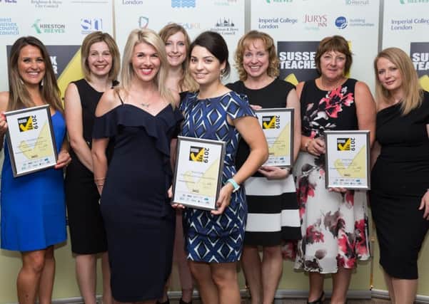 Horsham district winners with Amy Gudgeon from 3D Recruit at Sussex Teacher of the Year Awards. Johnston Press (Sussex Newspapers) are welcome to use any images within their newspaper group. Copyright Simon Dolby sdolby@InspireSchools.org.uk SUS-190723-095206001