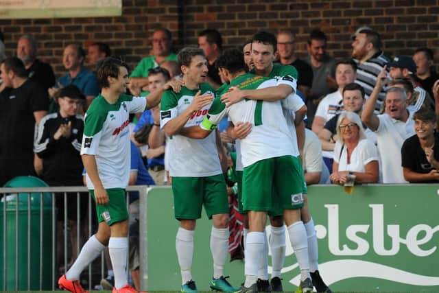 Bognor's players celebrate after Dan Smith scores / Picture by Tommy McMillan