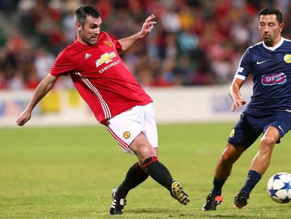Keith Gillespie of the Manchester United Legends crosses the ball during the Manchester United Legends and the PFA Aussie Legends match at nib Stadium on March 25, 2017 in Perth, Australia. (Photo by Paul Kane/Getty Images)