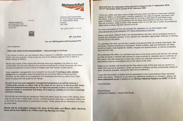The letter Network Rail sent to residents who live close to the railway line. SUS-190718-160326001