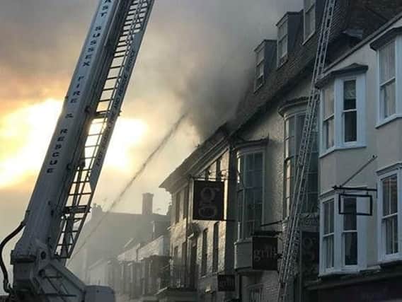 An aerial ladder platform was used to tackle the blaze. Picture: Megan Wright
