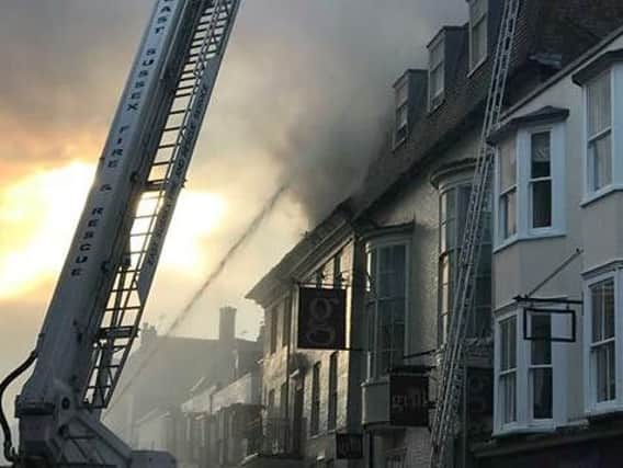 An aerial ladder platform was used to tackle the blaze. Picture: Megan Wright