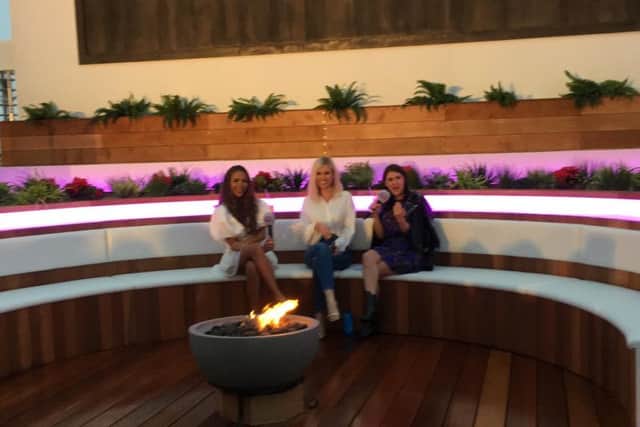Love Island The Experience on Brighton Beach. Contestants Amy Hart and Elma were interviewed at the replica fire pit.