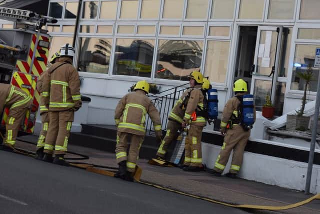 Firefighters on scene at the fire at The Strand Hotel in Eastbourne, photo by Dan Jessup