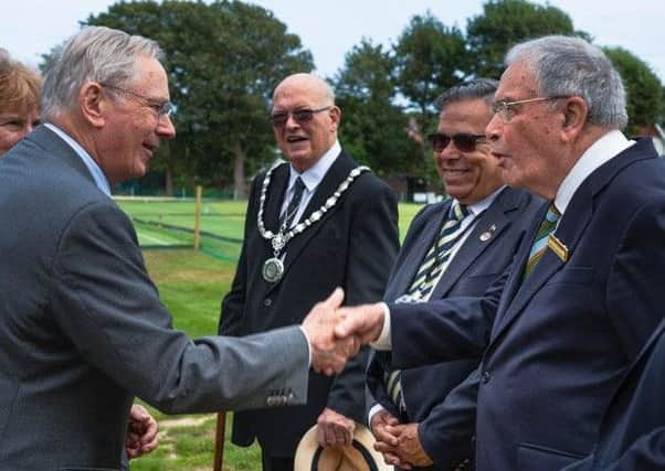 The Duke of Gloucester being presented to Quiller Barrett (President of The Croquet Association). Photo by Gerry Gavin