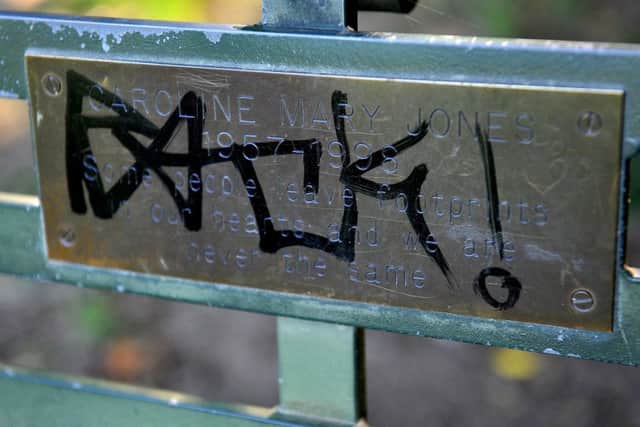 Allan Peters found that someone has sprayed grafitti on the commemorative plaque attached to a bench. Pic Steve Robards SR1918700 SUS-190729-170515001