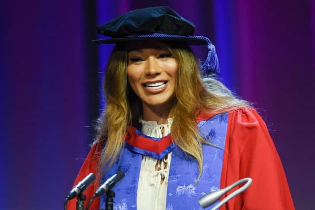 Transgender model  Munroe Bergdorf receiving an honorary doctor of letters at the University of Brighton graduation ceremony

Photograph taken by Simon Dack SUS-190731-162835001