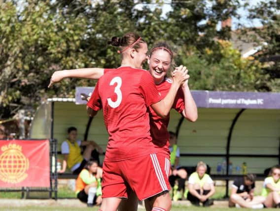 Sara Tubby (right) congratulates Sonia Foster after grabbing Worthing's third goal at Pagham. Picture by Ray Chaplin (One Rebels View)
